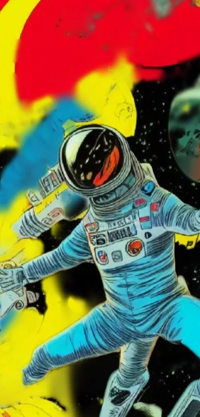 Colorful artwork of astronaut floating in space with vibrant red and yellow hues.