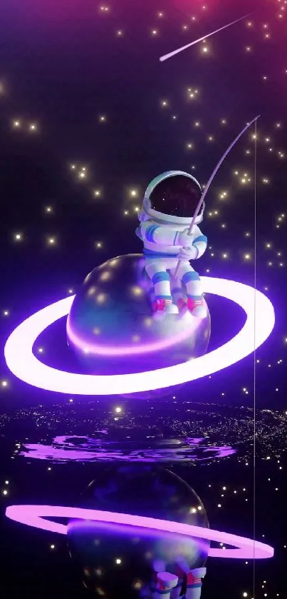 Colorful astronaut floating in neon space with stars.