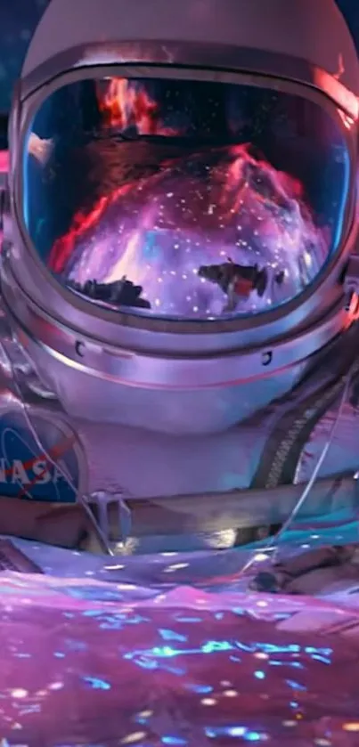 Vibrant astronaut floating in space with colorful cosmic background.