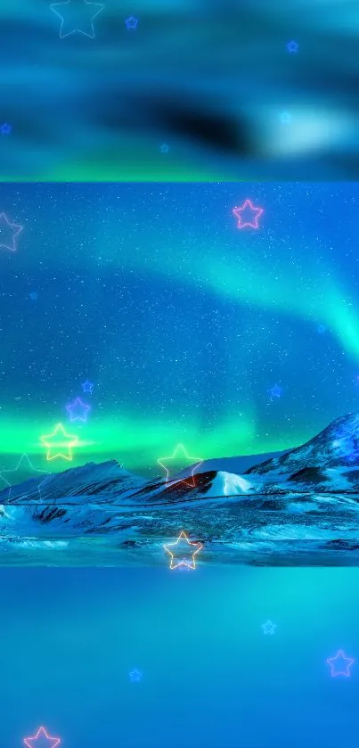 Vibrant aurora borealis over snowy landscape with colorful stars.