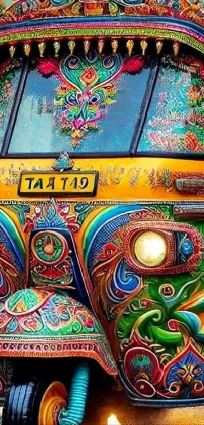 Vibrant and intricately designed auto rickshaw art in bold colors.