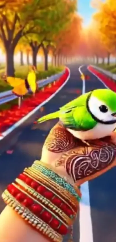 Hand holding a green bird on a colorful autumn road with butterflies.