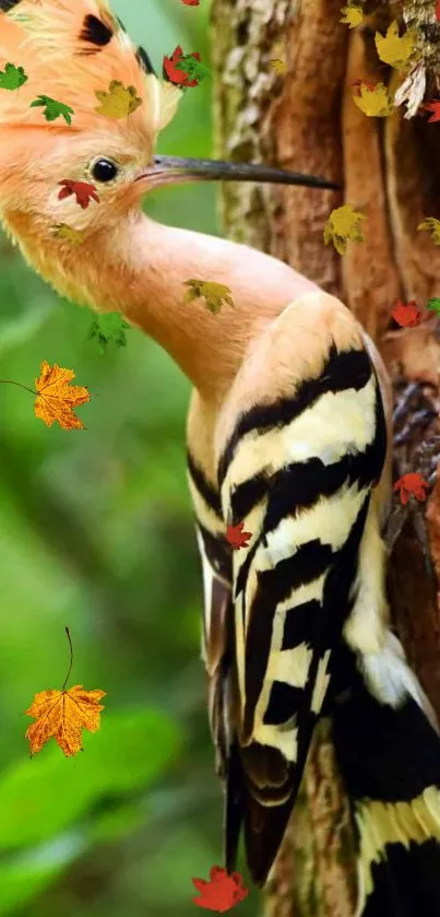 Vibrant bird resting on a tree trunk with floating autumn leaves.