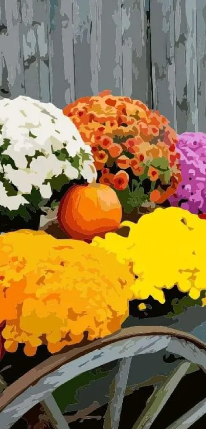 Rustic cart with colorful autumn flowers and pumpkins.