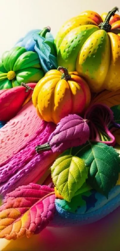 Colorful artwork of pumpkins and leaves in vivid autumn hues.