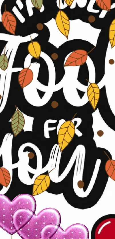 Autumn-themed wallpaper with colorful leaves and hearts on black background.