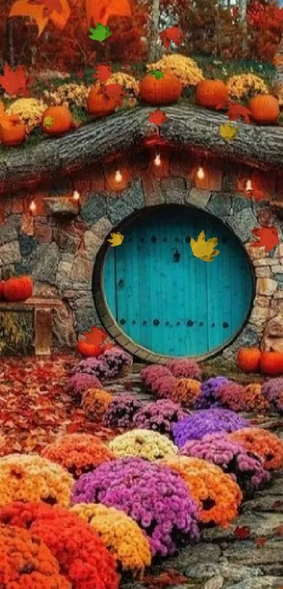 Colorful hobbit house surrounded by autumn leaves and pumpkins.