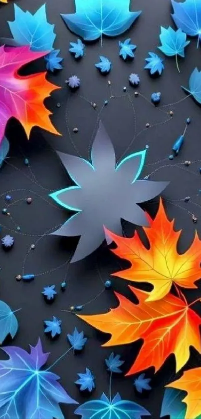 Colorful autumn leaves with vibrant art pattern.