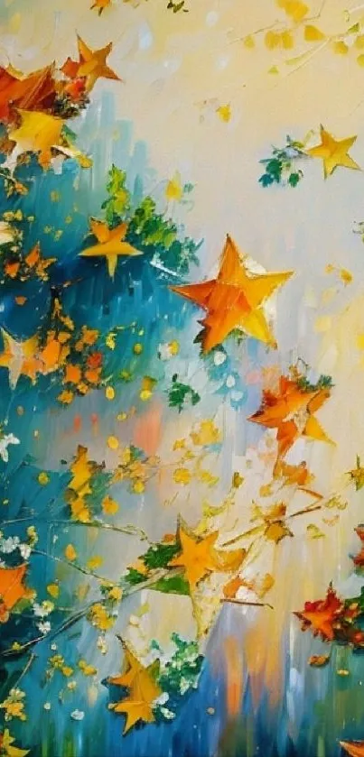 Colorful autumn leaves with stars wallpaper art.