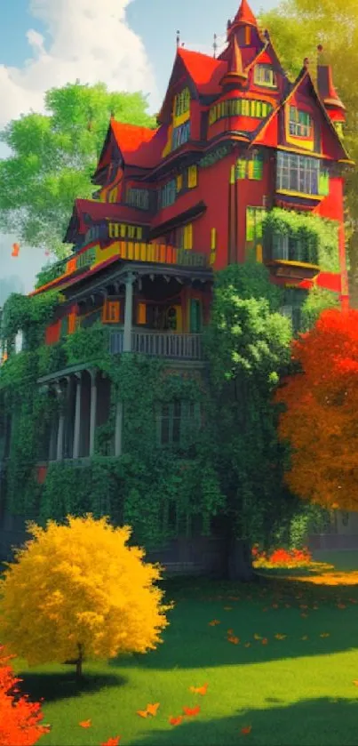 Vibrant red mansion surrounded by colorful autumn foliage and green landscape.