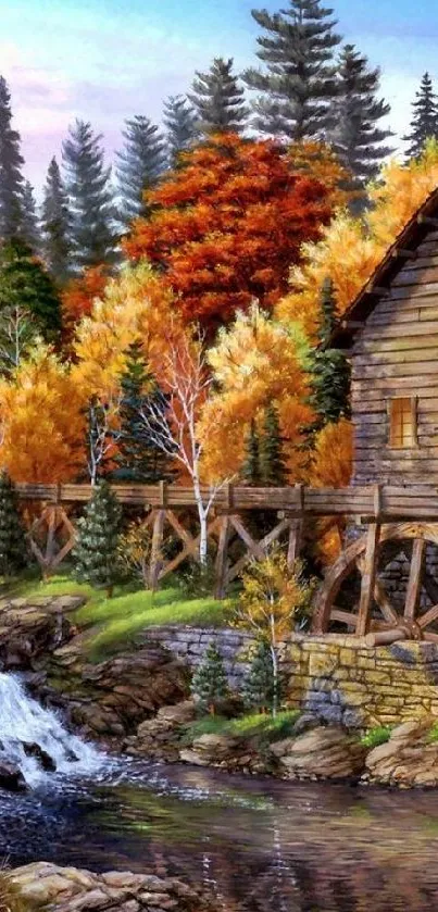 Charming autumn mill by a river with vibrant fall foliage.