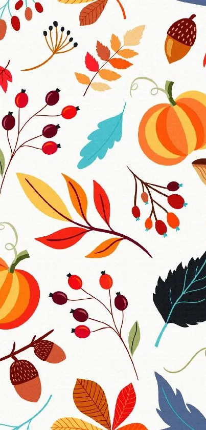 Vibrant autumn wallpaper with pumpkins, acorns, and colorful leaves.