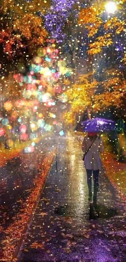 A vibrant autumn night walk under the street lamp with colorful leaves and an umbrella.