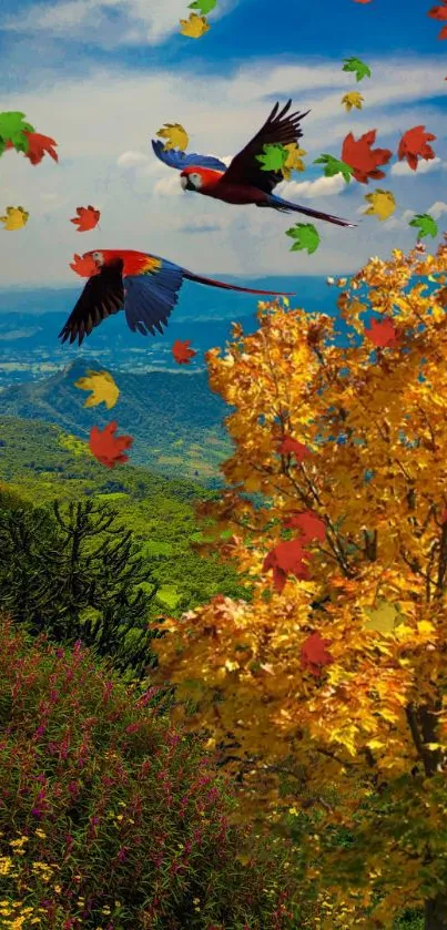 Colorful parrots fly among autumn leaves over a scenic mountain landscape.