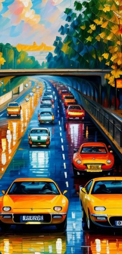 Vibrant artistic street with colorful cars driving through a cityscape.