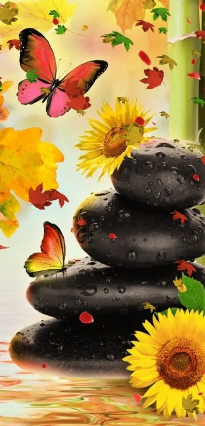 Autumn zen stones and butterflies in vibrant colors.