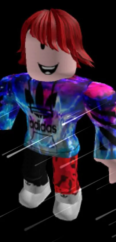 Colorful Roblox avatar in a multicolored Adidas outfit.