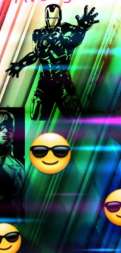 Vibrant Avengers characters on colorful mobile wallpaper.