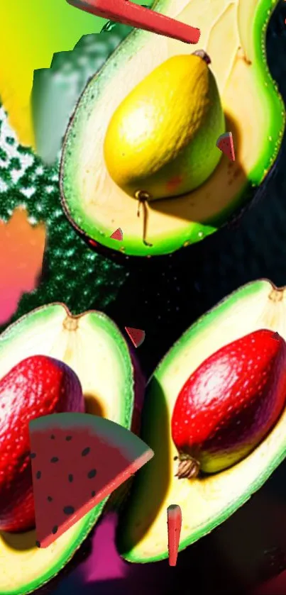 Colorful avocado art wallpaper with vibrant fruit designs.
