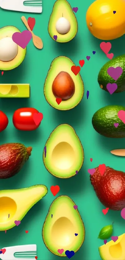 Vibrant avocado and fruit pattern on green background mobile wallpaper.