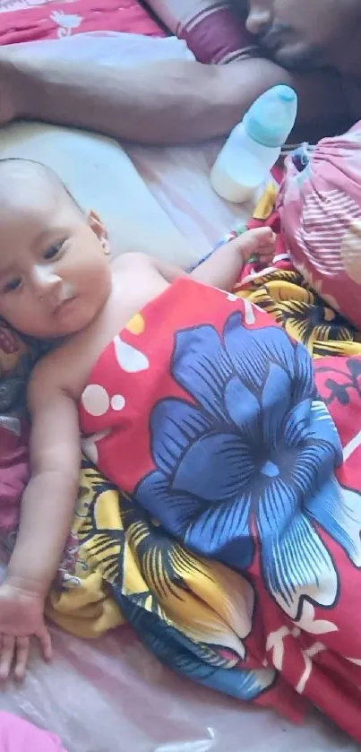 Baby peacefully sleeping under a colorful floral blanket.