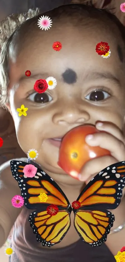 Baby holding fruit with butterfly wings and colorful flowers.