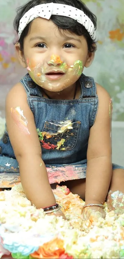 Baby enjoying cake smash with colorful background.