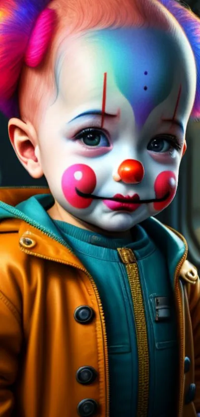 Whimsical baby clown art with vibrant colors.