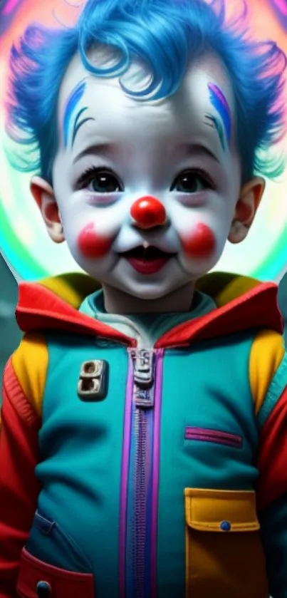 Cheerful baby clown in colorful attire on mobile wallpaper.