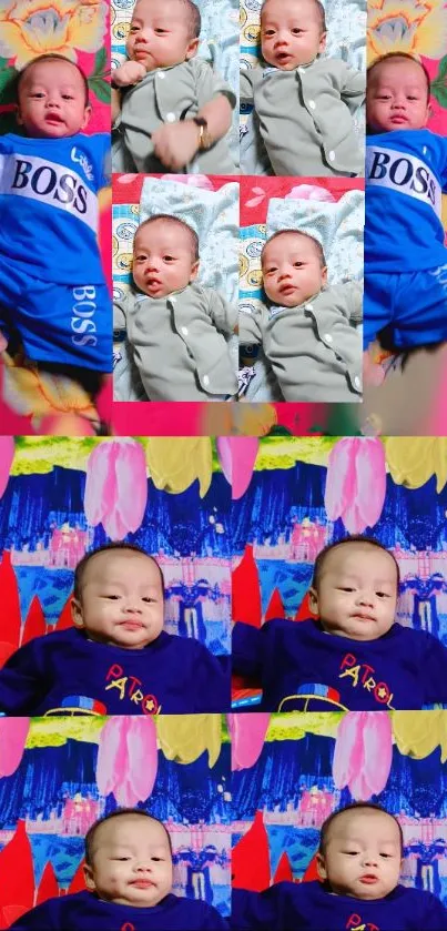 Vibrant collage of baby photos with colorful backgrounds and outfits.