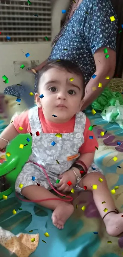 Cute baby with colorful confetti on a vibrant background.