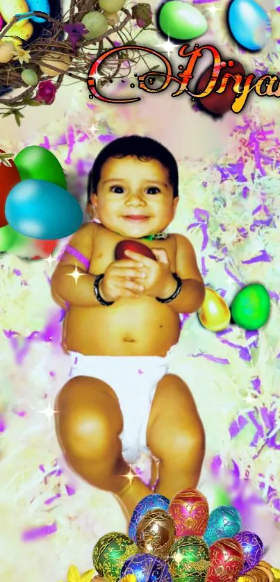 Baby surrounded by colorful Easter eggs with festive decorations.