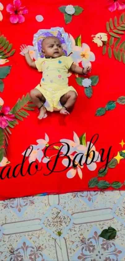 Baby lying on bright, floral background.