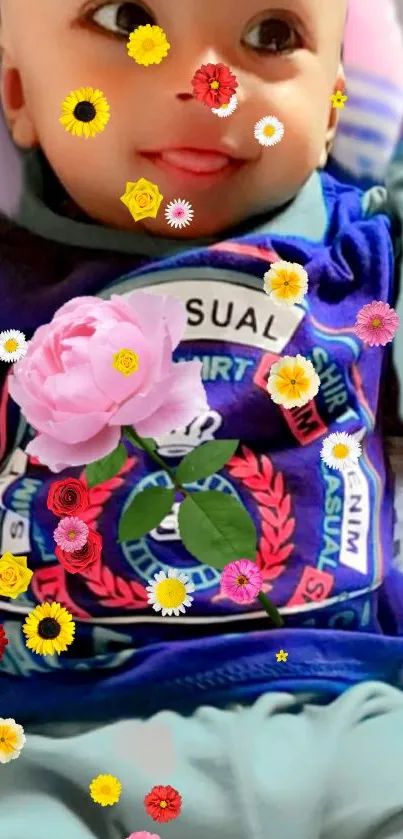 Baby surrounded by colorful flowers on a vibrant blue background.