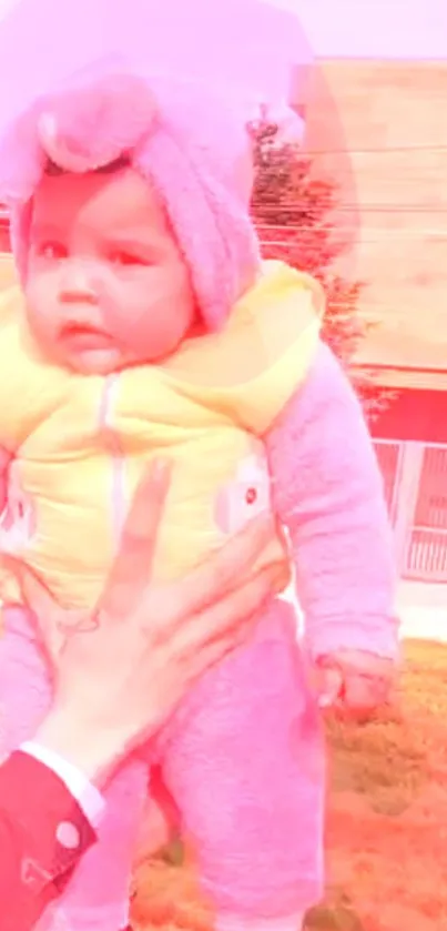 Adorable baby in pink and yellow winter outfit held outside.