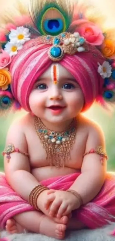 Mobile wallpaper featuring Baby Krishna with a colorful turban and flowers.