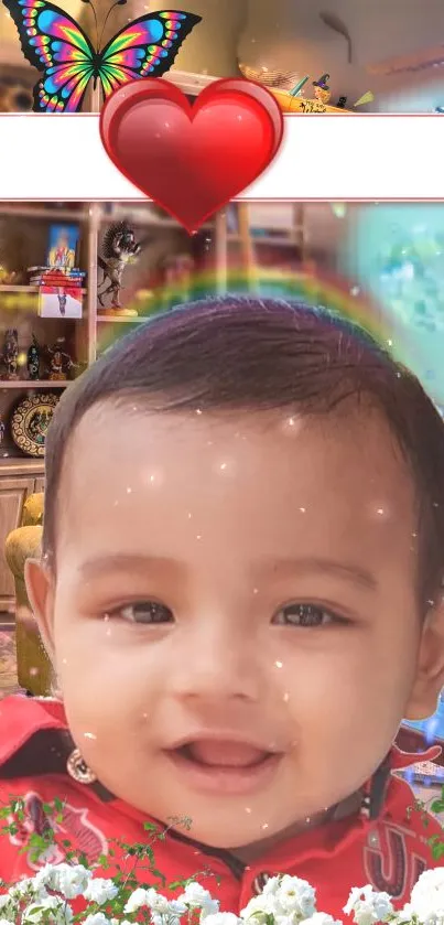 Wallpapers featuring a smiling baby, colorful decor, and heart design.