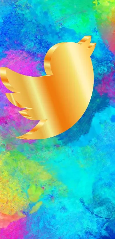 Colorful wallpaper with a gold bird logo.