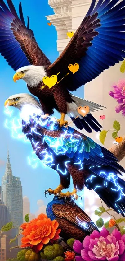 Two colorful bald eagles with cityscape background.