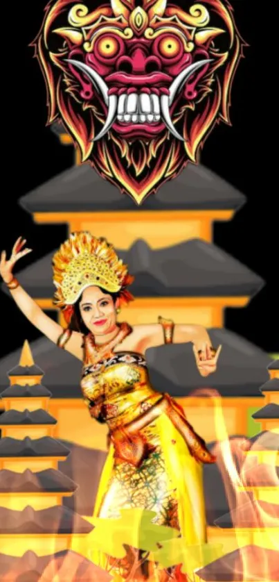 Vibrant Balinese dancer with temple and mask design in gold hues.