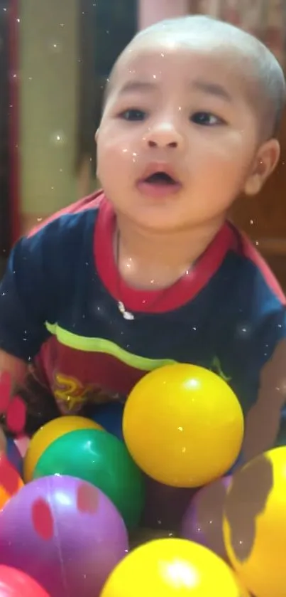 Baby playing amidst colorful balls.