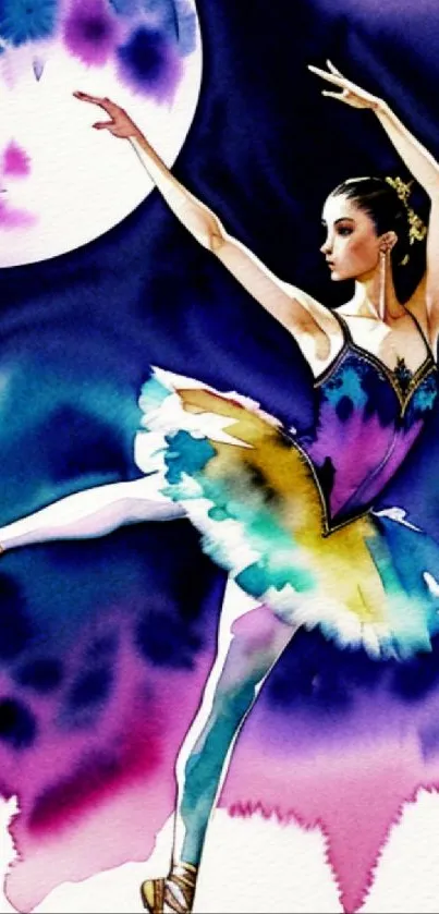 Watercolor painting of a ballerina in a colorful moonlit scene.