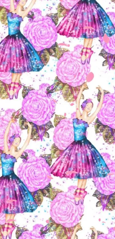 Ballerinas in colorful dresses with pink roses.