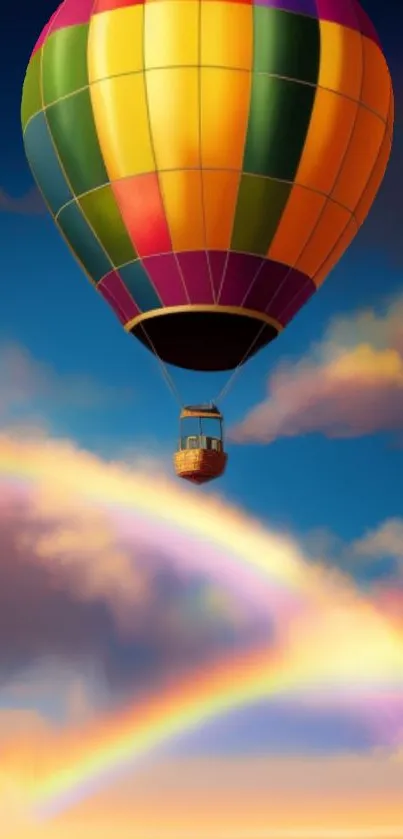Colorful hot air balloon with rainbow sky.