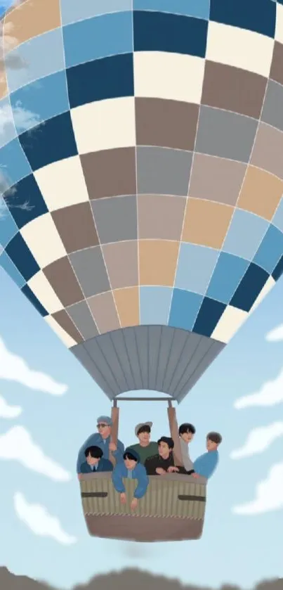 Colorful hot air balloon in blue sky with clouds and people in basket.