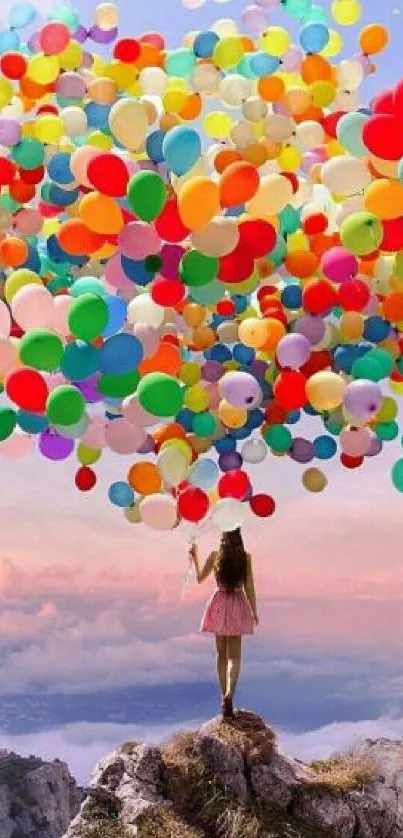 Girl holding colorful balloons on mountain cliff.