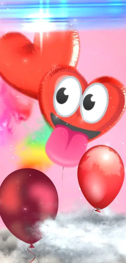 Colorful heart-shaped balloons against a pink background.