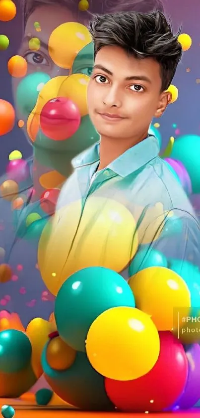 Vibrant multicolor balloon art with a portrait on mobile wallpaper.