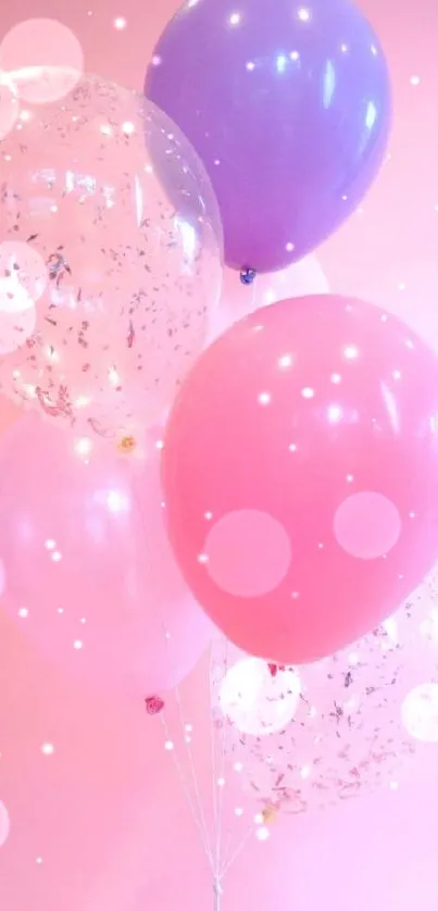 Pastel pink background with colorful balloons.