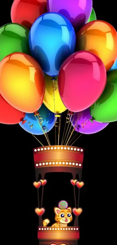 Colorful balloon basket with a cute cartoon animal on mobile wallpaper.